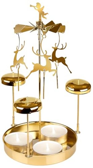 BRUBAKER Lichter Glockenspiel aus Metall - Karussell Kerzenhalter mit Rentieren inkl. 3 Teelichter