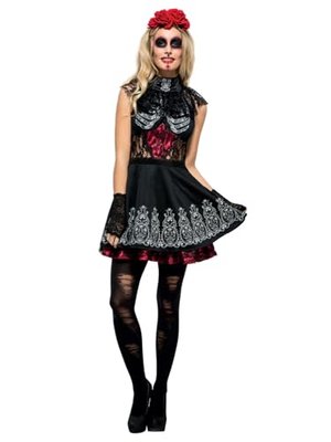 Halloween! Smiffys Fever Tag der Toten Kostüm, mit Kleid, befestigtem Unterrock & Rosen-Kopfschmuck