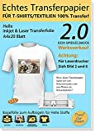TransOurDream ECHTE Inkjet/Laser Transferfolie Transferpapier,DIN A4X20 Blatt,Bedruckbare Bügelfolie