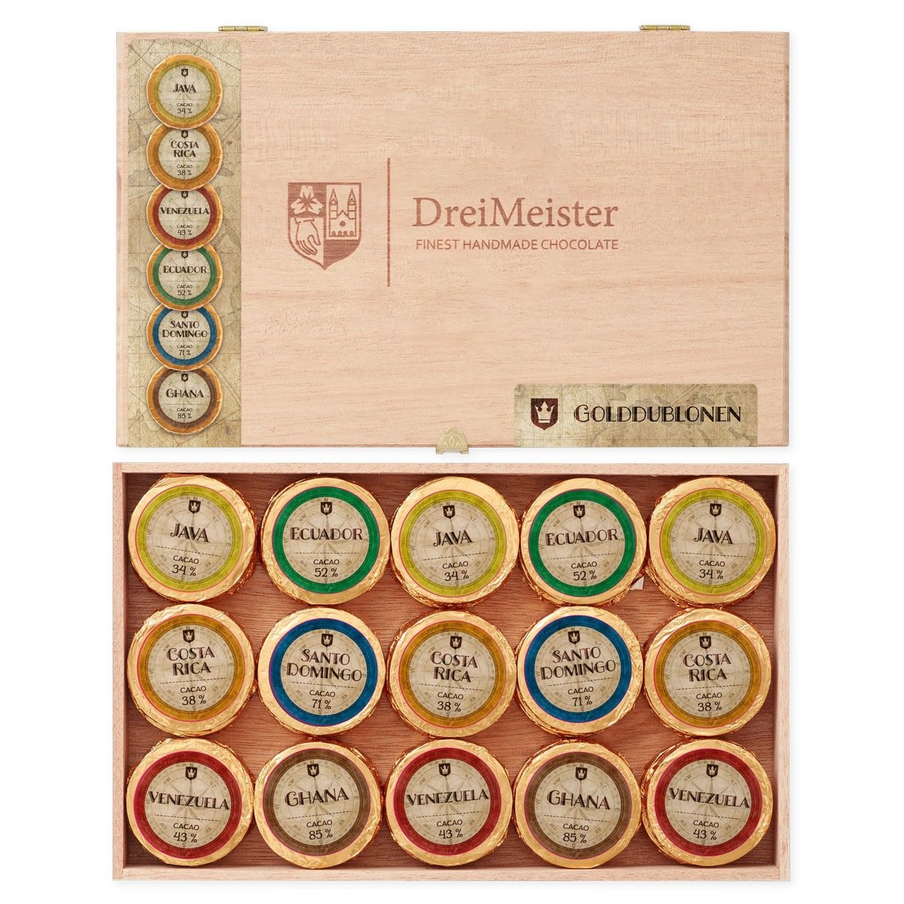 DreiMeister – Golddublonen in der 45er Holzkiste I Handgemachte Schokolade-Goldtaler