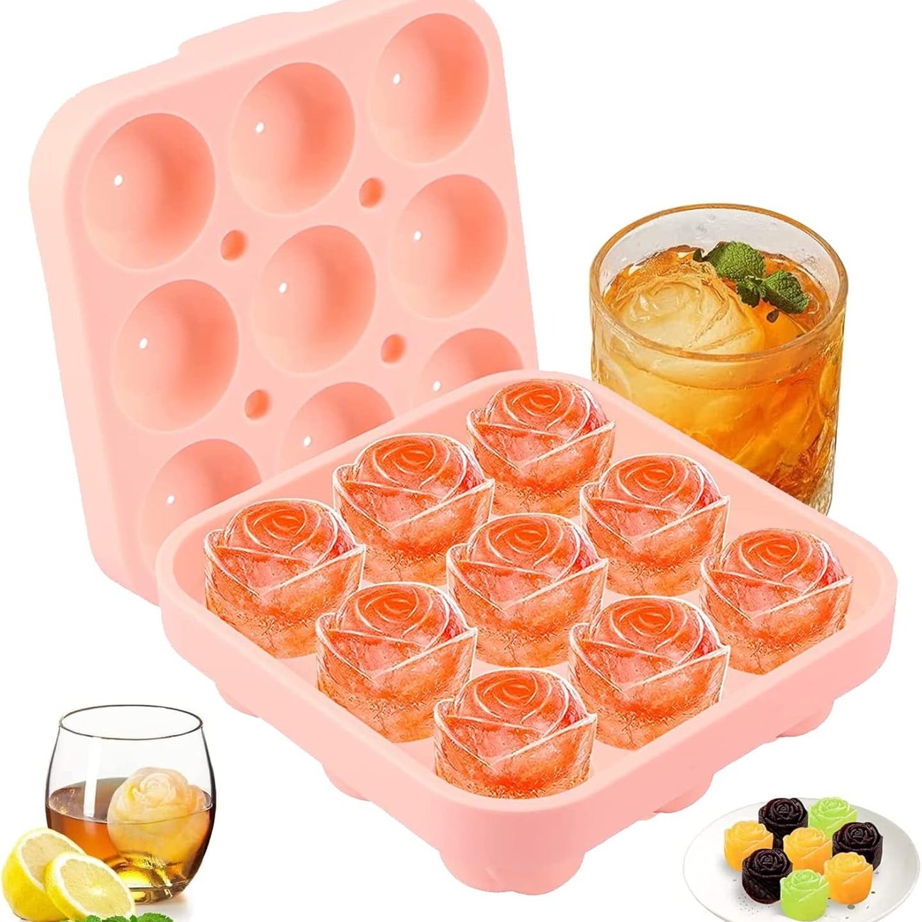 Rosenförmige Eiswürfelform (9-fach mit Deckel)