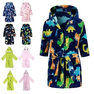 Lodunsyr Bademantel Kinder mit Kapuze, Coral Fleece Hoodie Roben Blau Dinosaurier