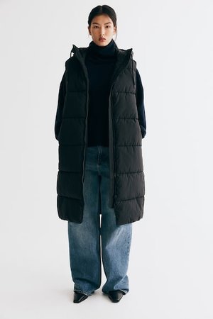 Puffer-Weste mit Kapuze - Schwarz - Damen