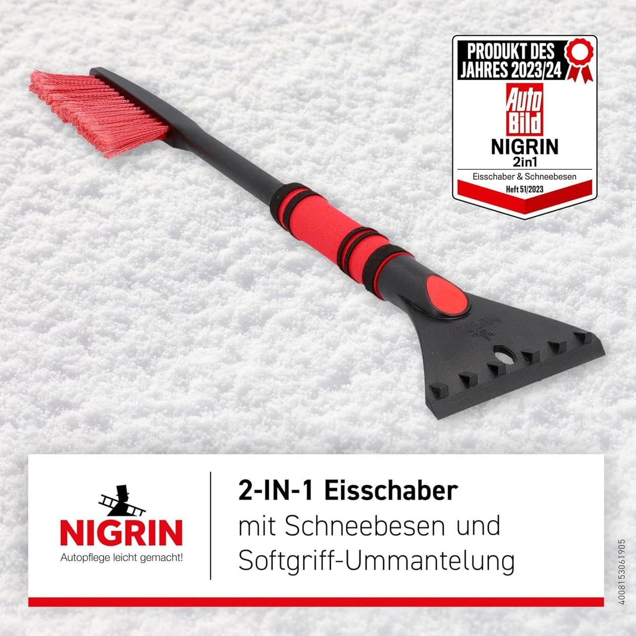 NIGRIN Eiskratzer Auto mit Schneebesen, ergonomischer rutschfester Softgriff
