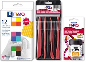 Staedtler FIMO SOFT Colour Pack 12x25g 12 Farben + Werkzeuge Set + Glanzlack zum konservieren und ve