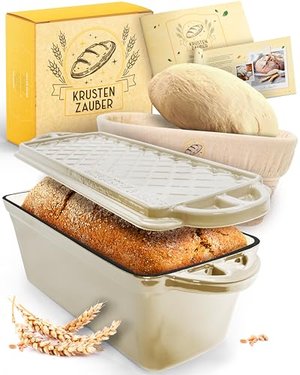 KRUSTENZAUBER Emaille Brotbackfrom mit Deckel inkl. Gärkorb - 28cm