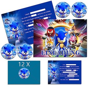 12x Einladungskarten zum Sonic-Kindergeburtstag