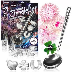 com-four® 2x Zinngießen mit 10 Figuren und 2 Löffel, Silvestergießen das Partyspiel 