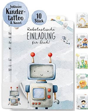 10x Einladungen Kindergeburtstag Roboter mit Tattoos