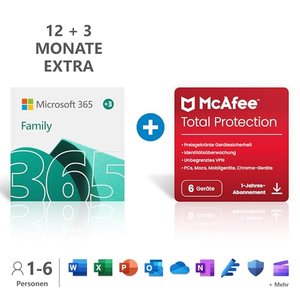 Microsoft 365 Family 12+3 Monate Abonnement | 6 Nutzer | Mehrere PCs/Macs, Tablets/mobile Geräte