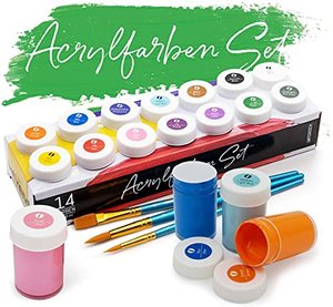 Acryl Farben Set, 14 wasserfeste Malfarben je 18 ml + 2 Rundpinsel + 1 Flachpinsel, für Papier, Holz