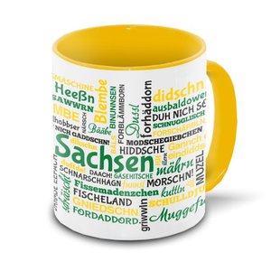 Sachsen-Tasse mit typischen Wörtern im sächsischen Dialekt