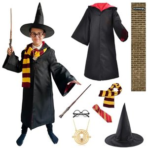Zauberer Harry Kostüm, für Kinder, inklusive Zauberstab, Umhang, Brille, Krawatte, Cape, Schal, Meda