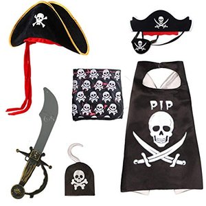 skyllc Halloween Piraten Kostüm Set 6 Stück, Piratenumhang, Tricorn Hut, Piraten Augenklappe, Captai
