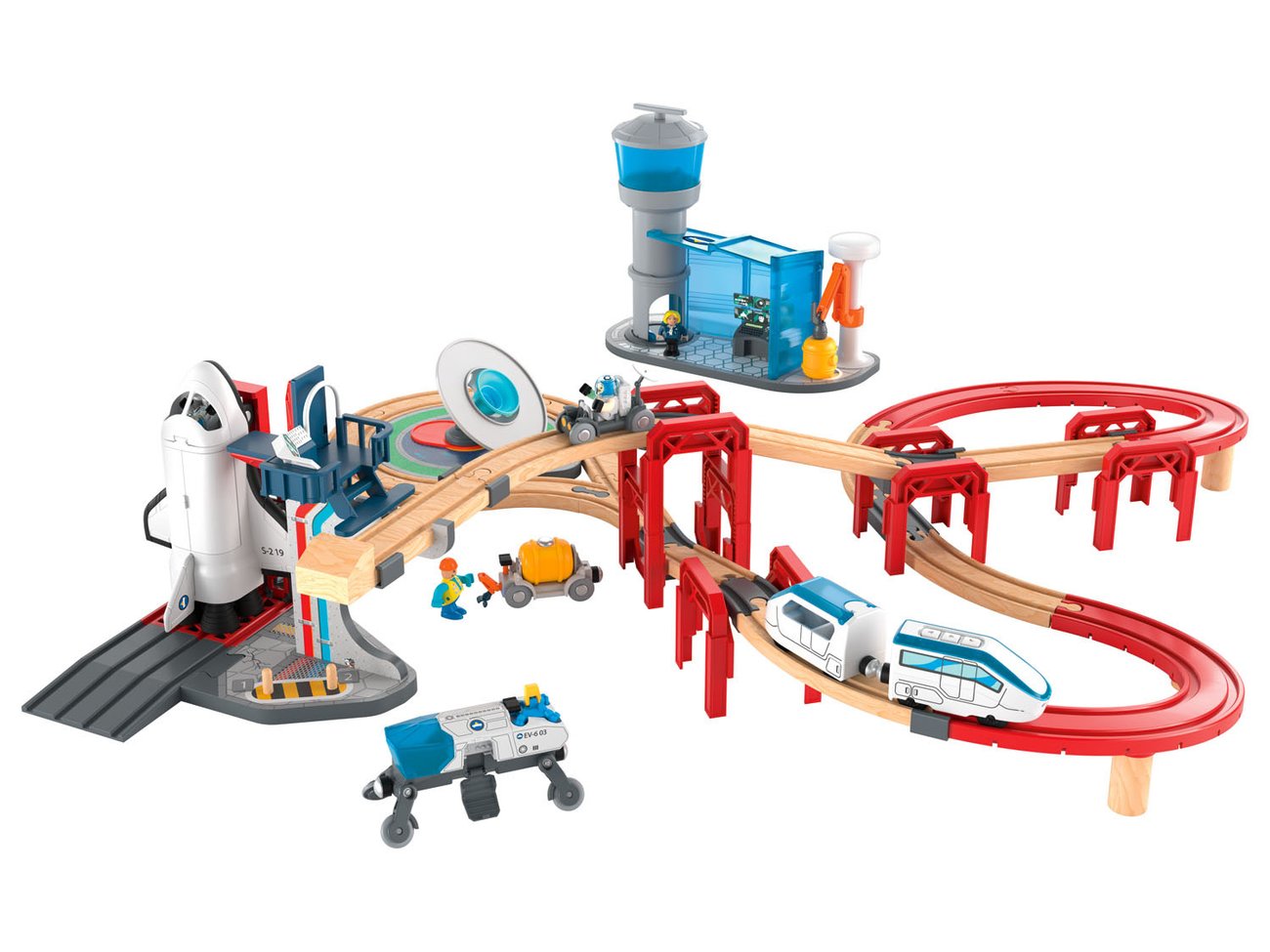 Playtive Holz-Eisenbahn-Set Weltraumstation, 67-teilig