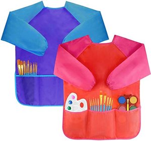 Amaza 2Pcs Malschürze Kinder Malkittel Bastelschürze 2-8 Jahre Langarm mit Klettverschluss (Blau & R