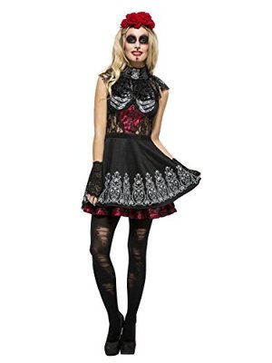 Halloween! Smiffys Fever Tag der Toten Kostüm, mit Kleid, befestigtem Unterrock & Rosen-Kopfschmuck