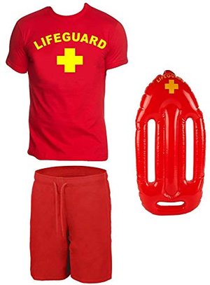 Coole-Fun-T-Shirts Lifeguard Schwimmboje Kostüm Rettungsschwimmer 3 teilig Set T-Shirt Badehose ROT 