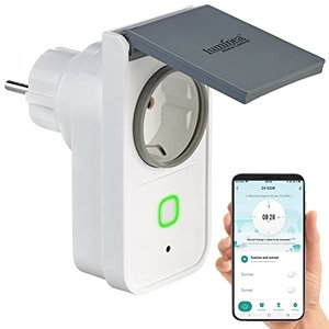 Luminea Home Control Zeitschaltuhr: WLAN-Outdoor-Steckdose, HomeKit-fähig, App, Sprachbefehl, Stromm