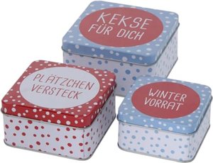 3er Set Metall Keksdose Plätzchendose eckig hellblau rot weiß Kekse für Dich, Plätzchenversteck, Win