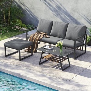 Gartenmöbel Set mit Sofa + Couchtisch + Fußhocker