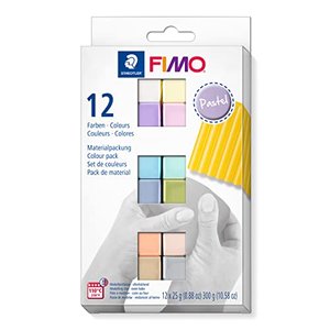 FIMO soft ofenhärtende Modelliermasse. Kartonetui mit 12 sortierten Pastell-Farben.