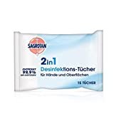 Sagrotan 2in1-Desinfektionstücher – Zum Desinfizieren von Händen und Oberflächen – 1 x 15 Feuchttüch