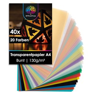 OfficeTree 40 x Transparentpapier Bunt A4 - Pergamentpapier Bunt 20 Farben