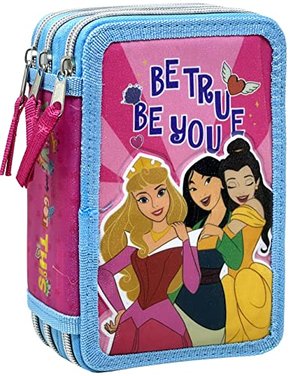 Clondo Disney Prinzessinnen Federtasche, Federmäppchen, 3 Fächer, gefüllt, 44 Zubehörteile für die S