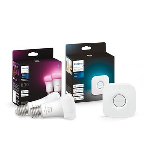 Philips Hue White and Col. Amb. LED E27 Lampen mit Hue Bridge Steuerungszentrale, 2-er Pack, 800lm