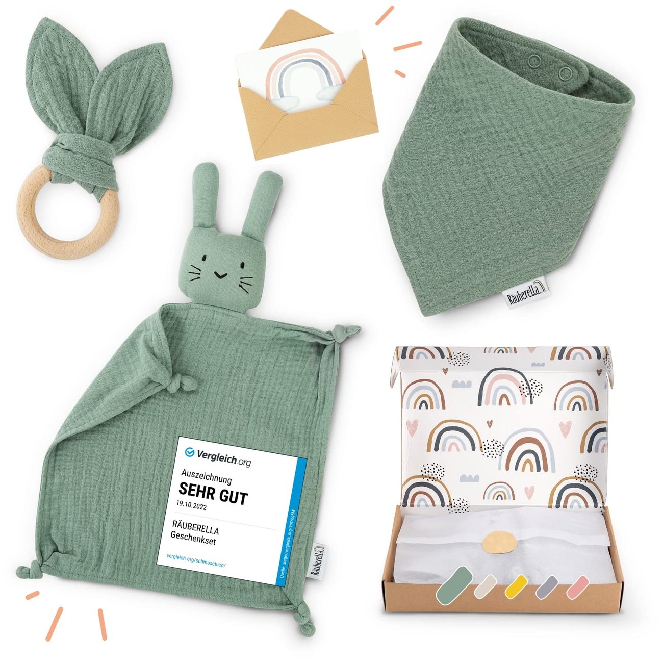 Räuberella Geschenkkarte, Schmusetuch, Beißring und Lätzchen