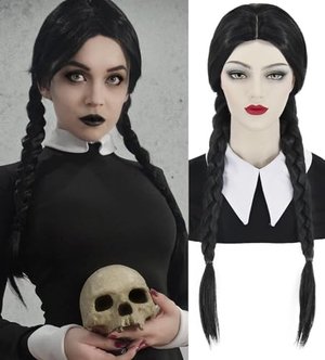 Schwarze Geflochtene Perücken für Wednesday Addams Kostüm Perücke Lange Zöpfe Synthetische Perücken 