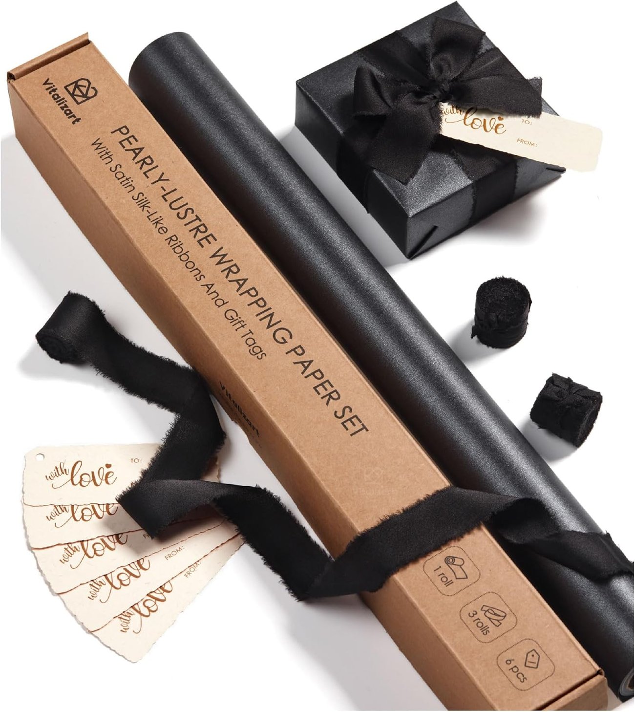 Schwarzes Geschenkpapier Set mit Band & Anhängern