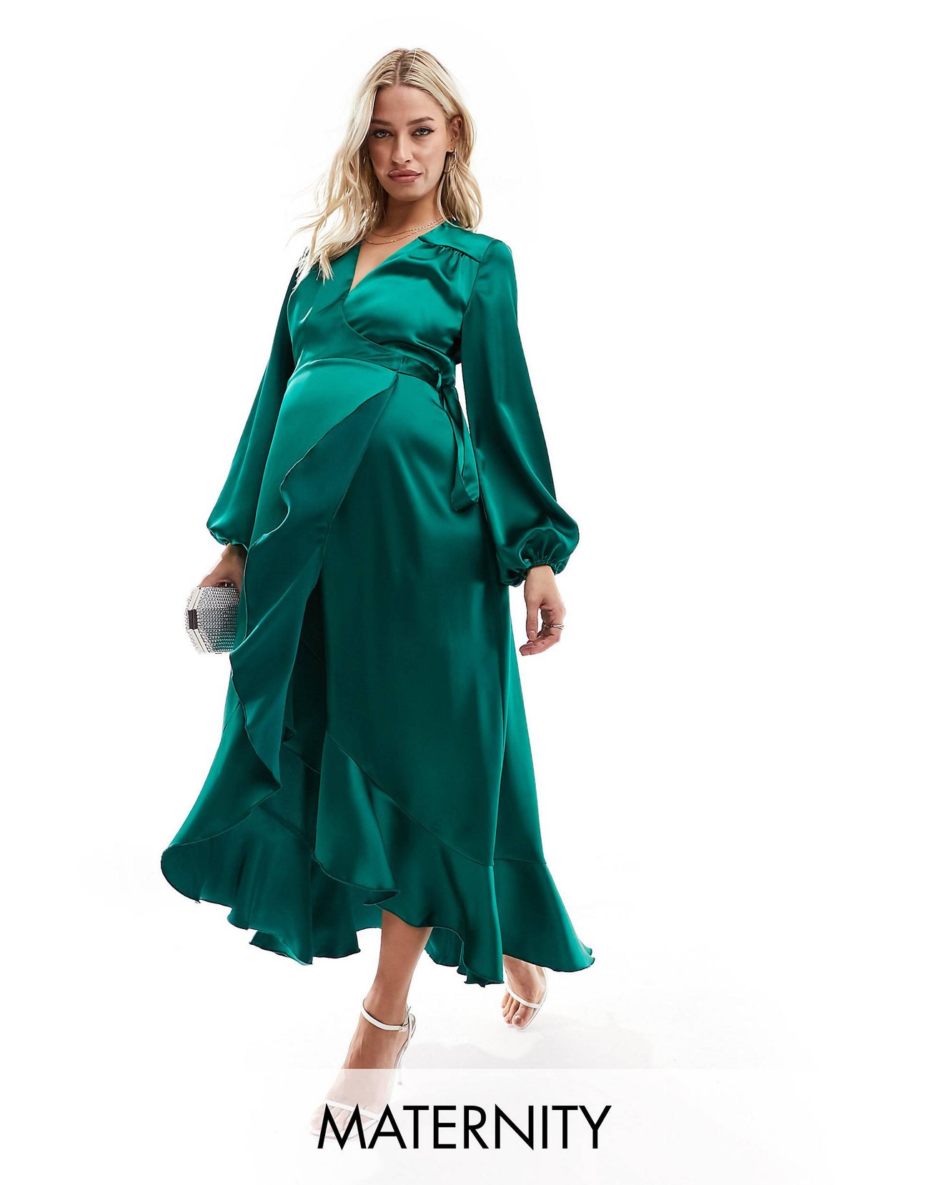 Flounce London Maternity – Wickelkleid aus Satin in Smaragdgrün  