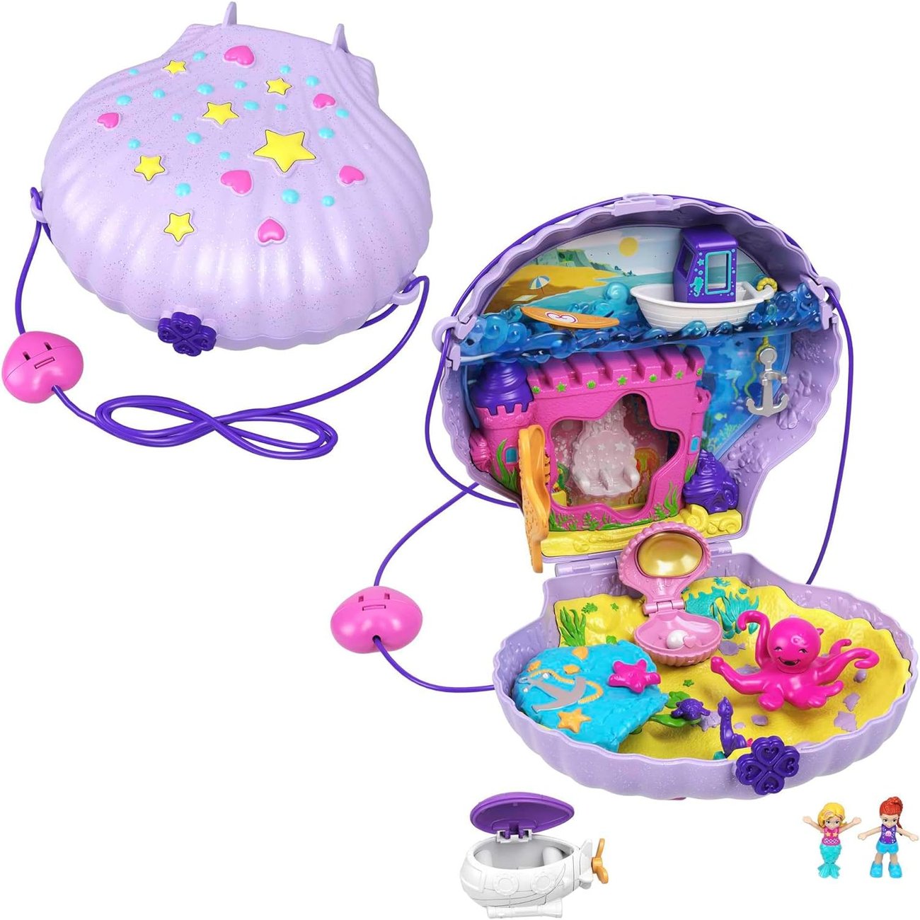 Polly Pocket Schatulle, Muschel Tasche zum Umhängen in Unterwasser Thema, mit 2 Puppen und 1 U-Boot,