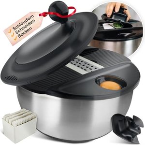 Salatschleuder Edelstahl mit Schneidefunktion [5 Verschiedene Aufsätze]