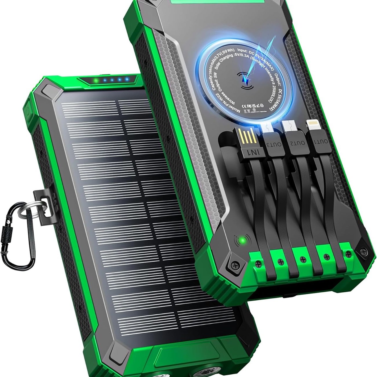 Wireless Solar Powerbank mit 4 Kabeln