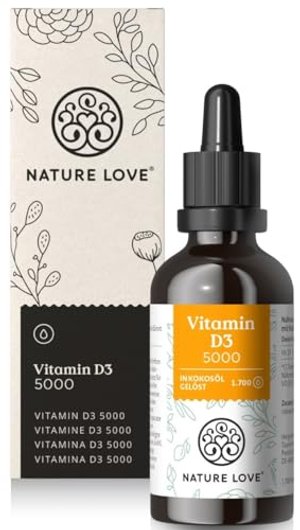 NATURE LOVE® Vitamin D3 - Mehrfacher Sieger 2020* - Laborgeprüfte 5000 I.E. pro Tropfen Hochdosiert,