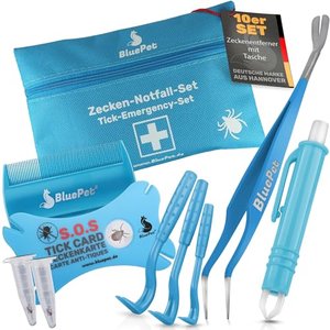 BluePet 10er Set mit Tasche Zeckenentferner für Hunde, Katze, Pferd & Mensch mit Zeckenzange
