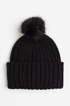 Gerippte Beanie mit Bommel - Schwarz - Damen