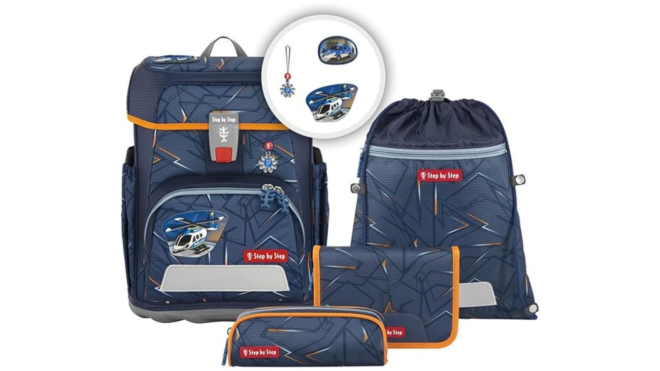 Step by Step Schulranzen-Set Cloud Helicopter Sam, 5-teilig, grau, Polizei-Design
