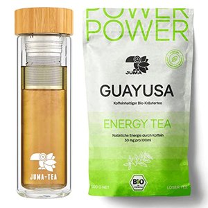 JUMA-TEA Guayusa-Starterset: To Go-Flasche mit Teesieb + Stoffhülle + 80g Bio-Guayusatee