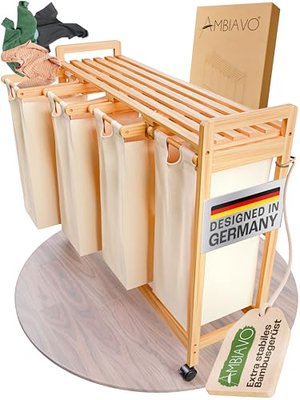 AMBIAVO Wäschekorb 4 Fächer beige mit Rollen