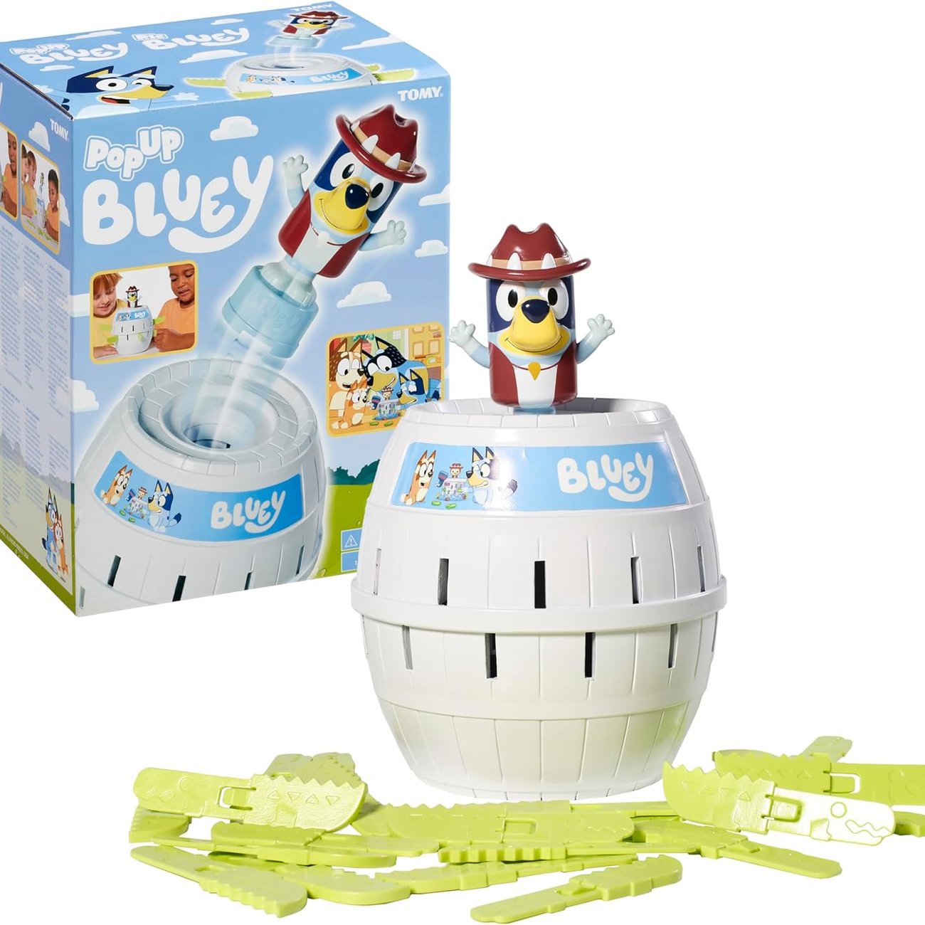 TOMY Pop Up Bluey – Lizenziertes Bluey-Spiel, basierend auf dem Klassiker Pop Up Pirate – Familiensp