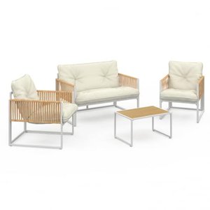 IDMarket - Lounge-Set Rio 4-Sitzer, Metallstruktur, weiß, Seil in Rattan-Optik und beigefarbene Kiss