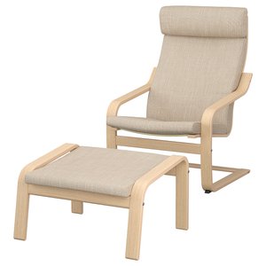 POÄNG Sessel und Hocker - Eichenfurnier weiß lasiert/Hillared beige