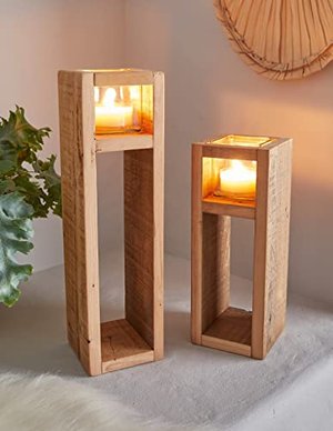 Windlicht-Säule Wood aus Holz & Glas