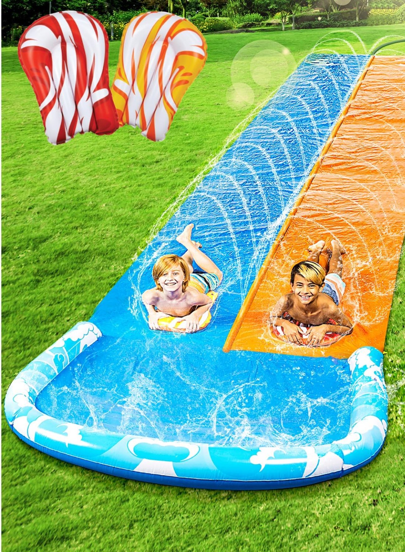 JOYIN 685 cm Rutsche und Wasserrutsche mit 2 Bodyboards, Rasen-Wasserrutsche mit eingebautem Sprinkl
