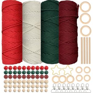 SILARLAIT Makramee Garn Weihnachten 3mm, Makramee Set Zubehör mit 60 Holzperlen, 8 Schlüsselanhänger