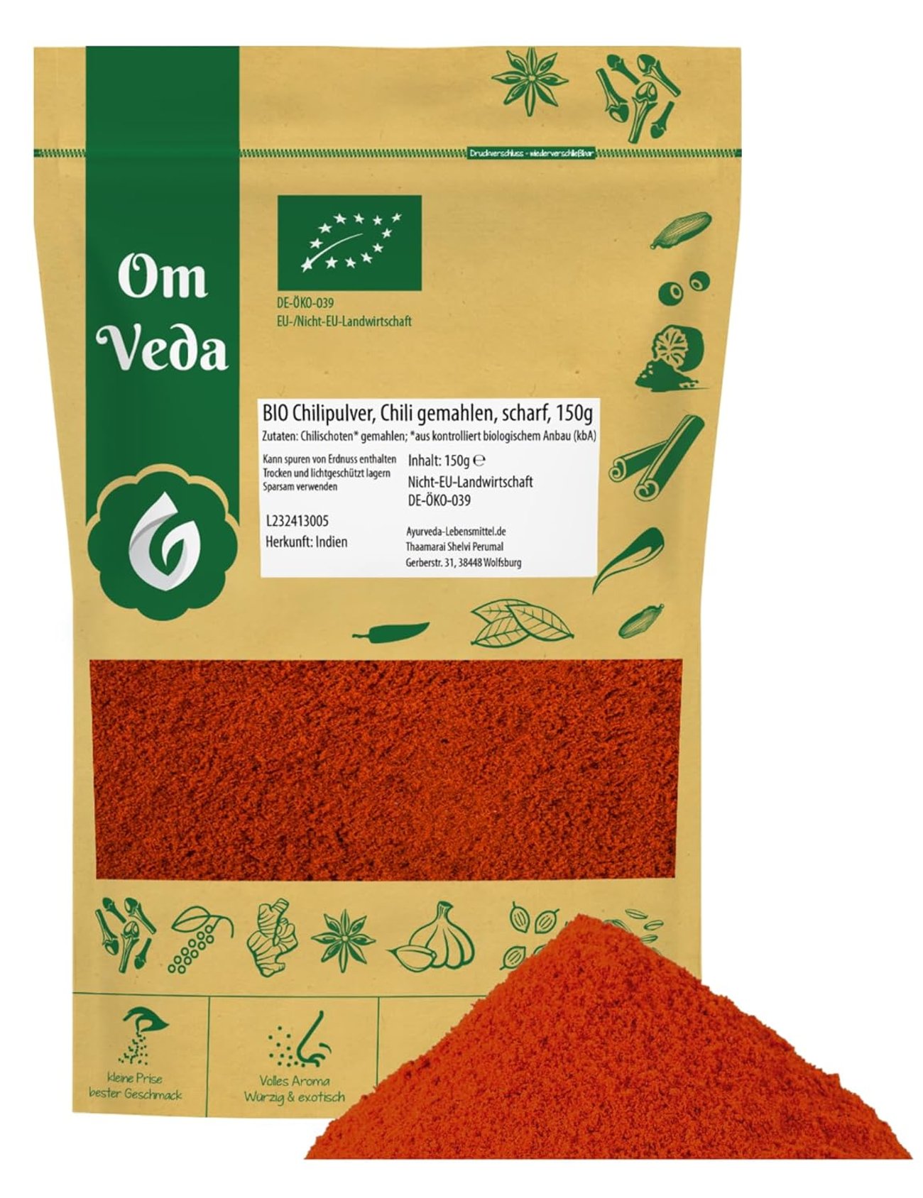 BIO Chili Pulver Fein Gemahlen SCHARF 150g